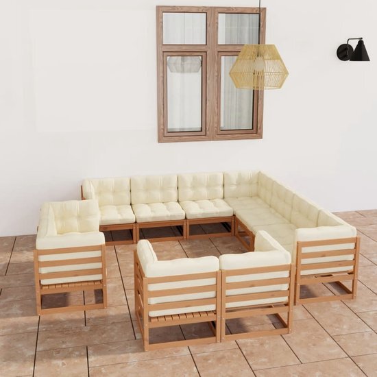 The Living Store Loungeset Grenenhout - Hoekbank 70x70x67 cm - Creme kussens