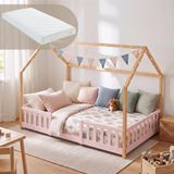 en.casa Kinderbed 'Sisimiut' roze/naturel grenenhout 120x200 cm