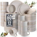 Moritz & Moritz CASTELLO 60-delige Serviesset voor 12 Persoons – Bordenset Aardewerk Grijs – Servies met Dinerborden, Dessertborden, Soepborden en Kopjes