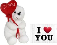 Ger Import Pluche knuffelbeer met I Love hartje - wit/rood - 30 cm - inc. wenskaart