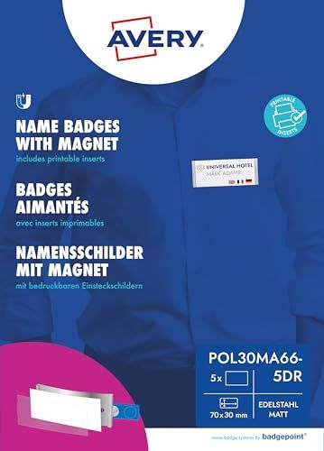 Badgepoint polar30 naambordjes (70 x 30 mm, 5 magnetische bordjes met magneet, anti-verdraaiing, met drukvel voor naamkaarten en sjablonen om te bedrukken, magnetische naambordjes voor kleding), mat