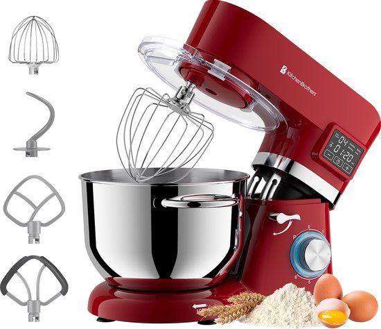 KitchenBrothers Keukenrobot - Keukenmachine - Touch Display en Timer - 6,2L - Keukenmixer - 1400W - Rood