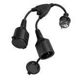 VINATO Dubbele stekker voor stopcontact, 2-in-1 verlengkabel met waterdichte afdekking, 16 A / 250 V/max. 3680 W, dubbel stopcontact met 2 geaarde stopcontacten voor thuis, kantoor, tuin, zwart