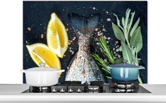 KitchenYeah Spatscherm keuken 100x65 cm - Kookplaat achterwand Vis - Citroen - Kruiden - Muurbeschermer - Spatwand fornuis - Hoogwaardig aluminium