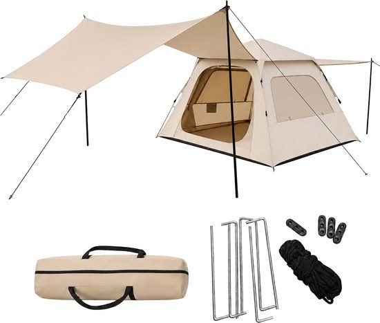 Merkloos Relaxdays Campingtent - 240x155x240 cm - beige - met ritsdeur