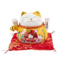lachineuse - Kattenbeeldje Maneki Neko – symbool – beweegbare arm – traditionele Japanse geluksbrenger – 10 x 12 x 10 cm – porselein, geel – LR03 batterij niet inbegrepen