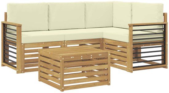 vidaXL Hoek loungeset 5-delig Wit en crèmekleurig Polyester Inclusief tafel