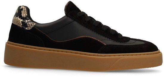 Manfield - Dames - Zwarte leren sneakers met snake detail - Maat 40