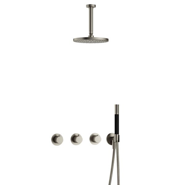 hotbath Cobber IBS70 complete thermostatische douche inbouwset met 2 stopkranen met 15cm plafondarm 20cm ronde hoofddouche staafhanddouche nikkel geborsteld IBS70GN2