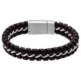 Lucardi - Heren Stainless steel herenarmband gevlochten leer bruin - Armband - Staal - Zilverkleurig - 22 cm