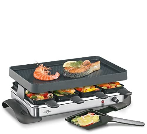 Küchenprofi Raclette GRANDE8 van roestvrij staal, voor 8 personen, 1200 watt, 47 x 24,5 x 13,5 cm, met anti-aanbaklaag, met 8 schrapers, traploos regelbare temperatuur