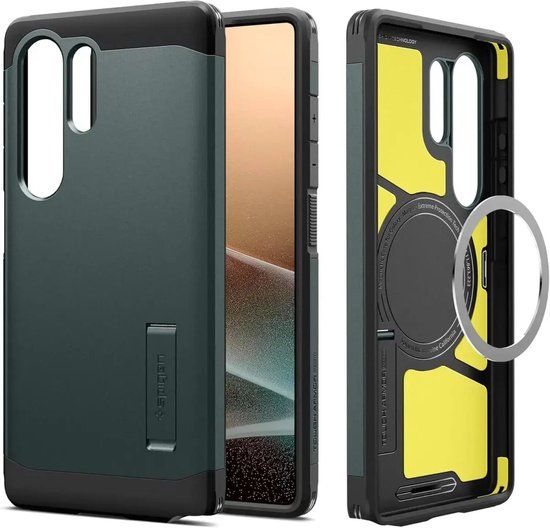 Spigen Tough Armor Hoesje Geschikt voor Samsung Galaxy S25 Ultra | Compatibel met MagSafe en Qi2 | Back Cover Militaire Standaard | Kickstand | Groen