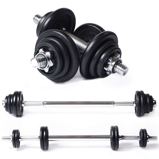 Tunturi Halter en Dumbells Gietijzer - Halterset 20 kg - Halterstang met Gewichten - Barbell Set - Schroefsluiting 30 mm - Anti Slip Grip