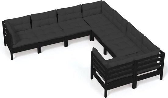 vidaXL 8-delige Loungeset met kussens massief grenenhout zwart