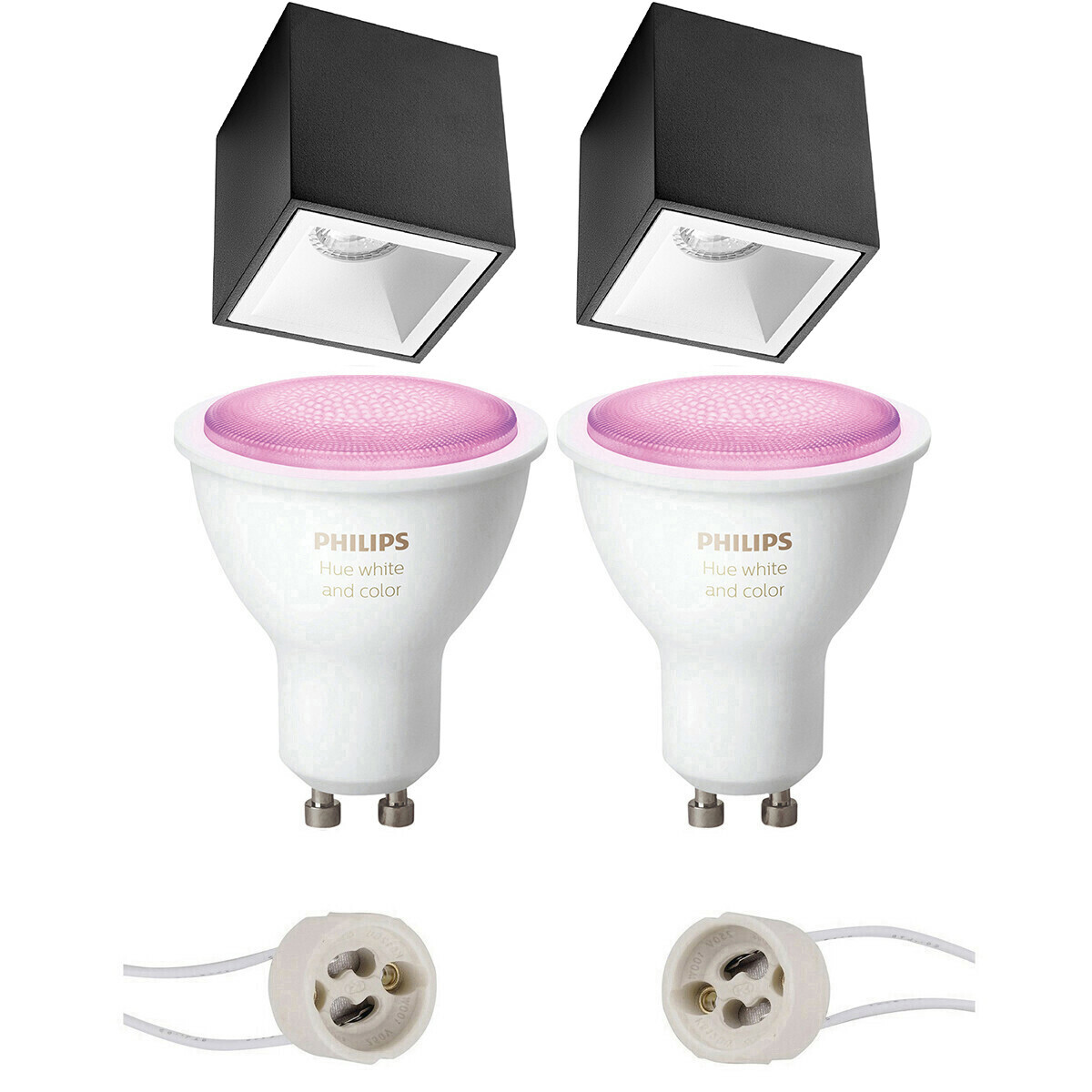 BES LED Pragmi Cliron Pro - Opbouw Vierkant - Mat Zwart/Wit - Verdiept - 90mm - Philips Hue - Opbouwspot Set GU10 - White and Color Ambiance - Bluetooth