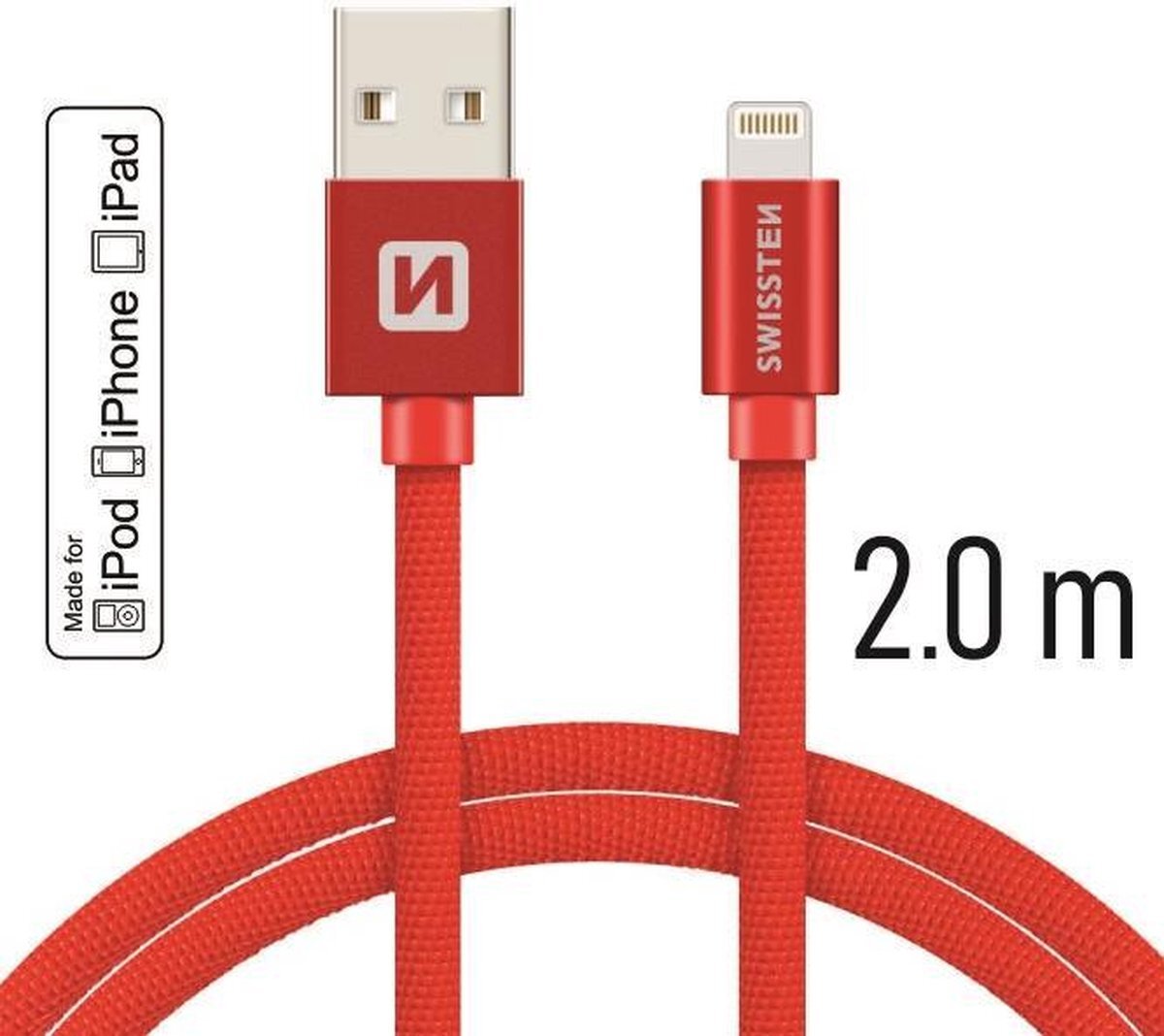 Swissten Lightning naar USB kabel voor iPhone/iPad - Apple Gecertificeerd - 2M - Rood