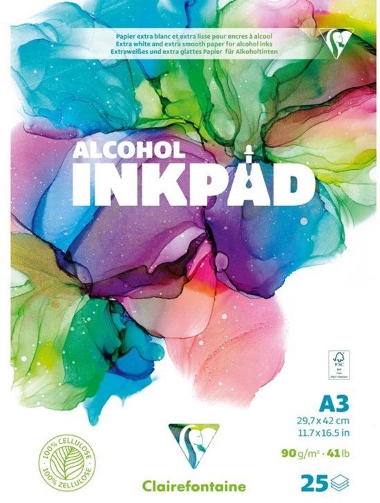 Clairefontaine 976108C Gelijmd Blok Alcohol Inkpad A3 29,7x42 cm 90g - 25 Vellen Extra Wit Papier voor Alcoholinkten - Ideaal voor Fluid Painting met Alcoholinkten