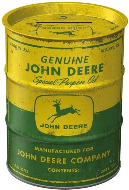 Nostalgic Art Retro Spaarpot olievat, John Deere – Special Oil – Geschenkidee voor tractorfans, Spaarvarken in metaal, Vintage Spaarblik, 600 ml