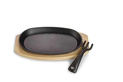 Echtwerk Gietijzeren serveerpan, kleine grillpan met serveerplank, afneembare handgreep, al ingebrand, geschikt voor oven, grill, barbecue en inductie, ideaal voor koken en serveren