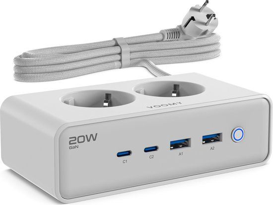 Voomy 20W Stekkerdoos - 2 USB-C & 2 USB-A Poorten - 2 Stopcontacten - Aan / Uit schakelaar - Snellader - Wit