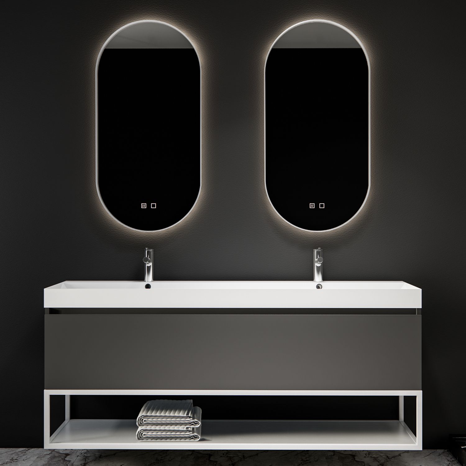 Boss & Wessing Spiegelcombinatie 2x Thyreos 50x100 cm Ovaal met Rand Mat Wit LED Verlichting & Geïntegreerde Spiegelverwarming