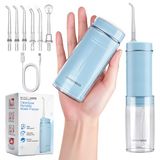 BarberBoss Travel Waterflosser, 6 mondstukken, draadloze monddouche, oplaadbaar via USB-C en 3 drukstanden, compact waterflosser, pocketjetflosser, QR-7114 (blauw)