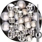 Decoris Kaemingk B.V. Kerstversiering kunststof kerstballen met glazen piek zilver 6-8-10 cm pakket van 37x stuks - Kerstboomversiering