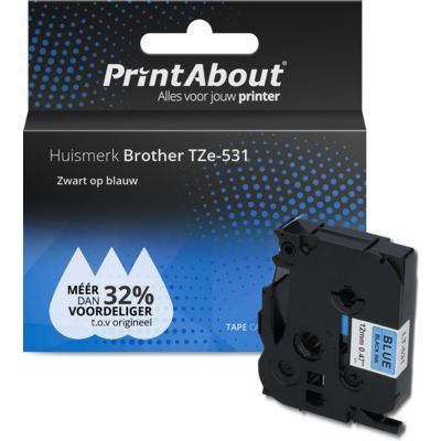 PrintAbout Tape TZe-531 Zwart op blauw (12 mm) voor Brother