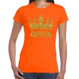 Oranje Koningsdag Queen t-shirt - met gouden glitter kroon - dames - Oranje kleding M