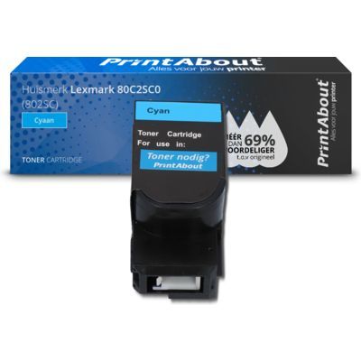 PrintAbout Huismerk Lexmark 80C2SC0 (802SC) Toner Cyaan - Compatibel - Cyaan - 2200 pagina's