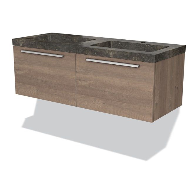 Maxaro Badkamermeubel 120cm Modulo Middenbruin Eiken 2 Lades Vlak Wastafel Natuursteen Blue Stone