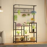 GarveeLife Plantenstandaard voor binnen, 7 planken, met ledverlichting, met rooster en haken, bloemenrek van hout en metaal, ideaal voor balkon, woonkamer, 78 x 24 x 180 cm (bruin)