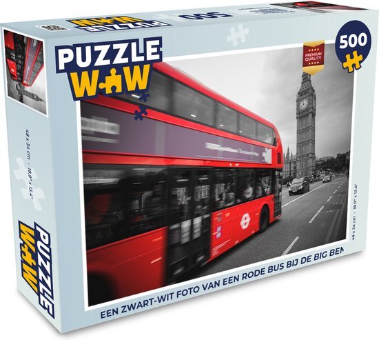 MuchoWow Puzzel Een zwart-wit foto van een rode bus bij de Big Ben - Legpuzzel - Puzzel 500 stukjes