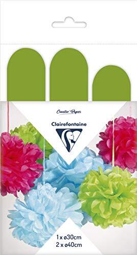 Clairefontaine 395419C – 3 pompons van zijde om op te hangen (1 x diameter 30 cm + 2 x diameter 40 cm), appelgroen