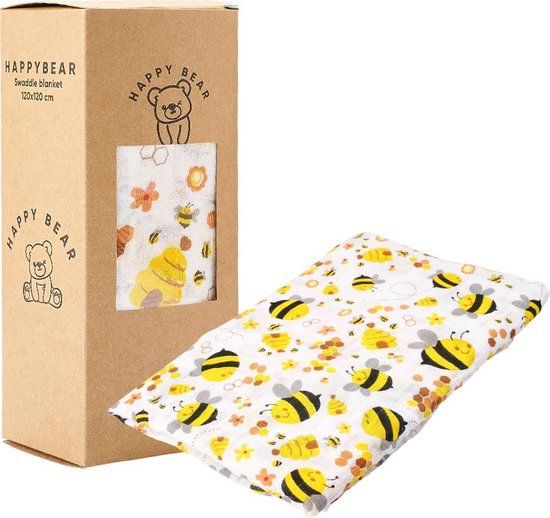 HappyBear Hydrofiele Swaddle Doek - Bijen Print - 120x120cm - Katoen