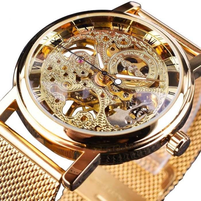 Winner Winner Gouden Kast Luxe Horloge voor Heren - Mesh Bandje Transparant Mechanisch Skelet Goud