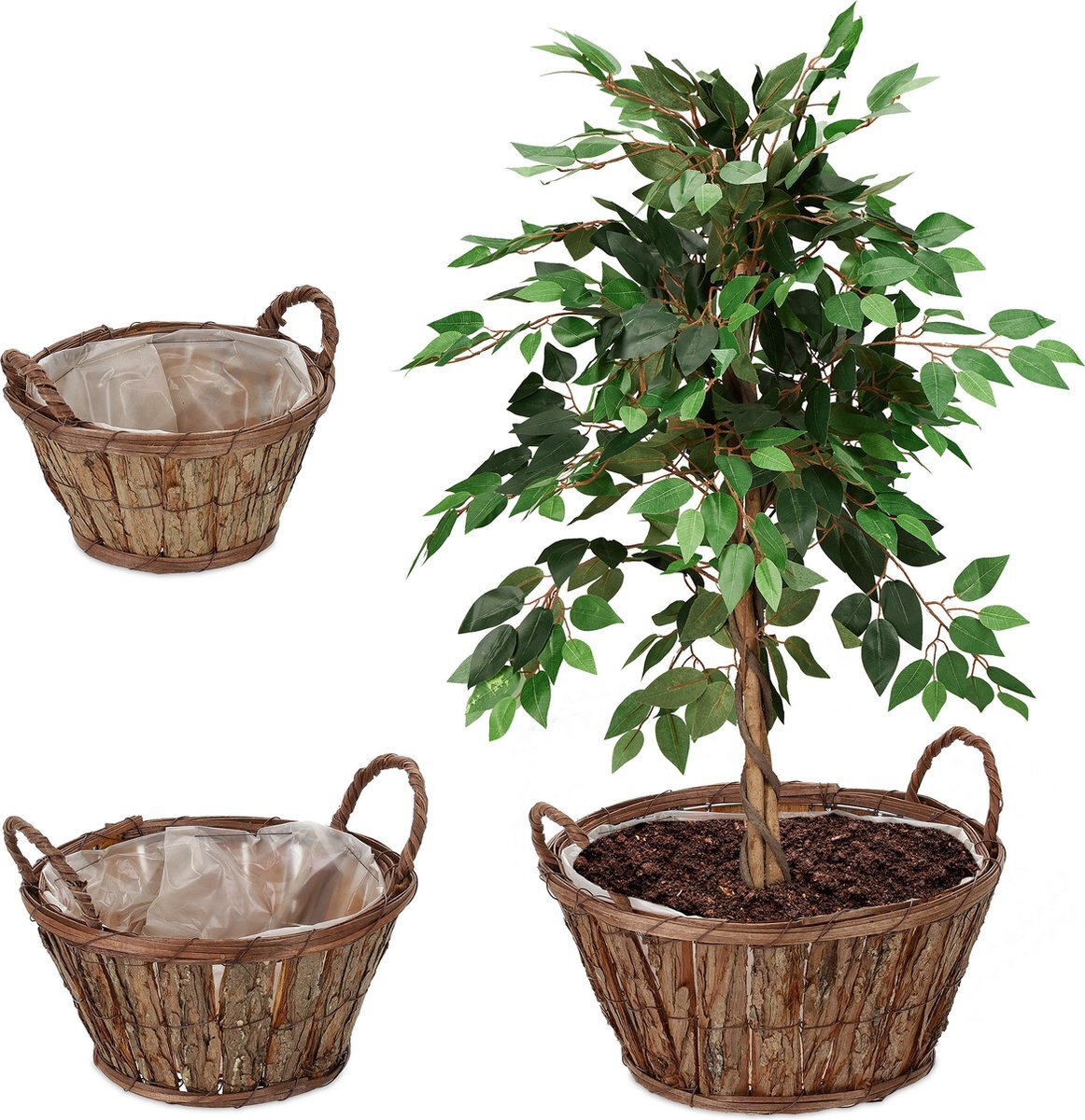 Relaxdays bloempot - set van 3 - schors - plantenpot - folie - voor binnen - rond - hout