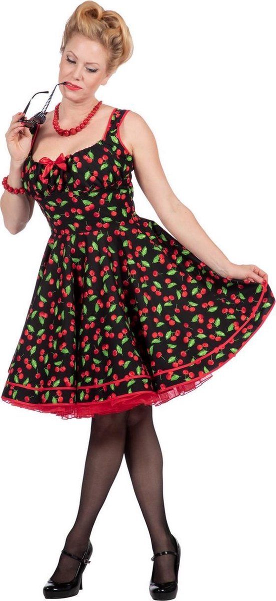 Wilbers Jaren 50 Kostuum | Rockabilly Jurk Fruitige Vrouw | Maat 44 | Carnaval kostuum | Zwart/Rood