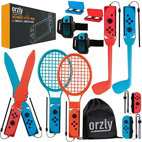 Orzly Schakelaar Sport Pack Accessoires Bundel voor Nintendo Switch & Switch OLED Sport Games met Tennis Rackets, Golfclubs, Chambara Zwaarden, Voetbal Beenriemen & Joycon Grips - Met Draagtas