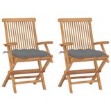 VidaXL Tuinstoelen 2 stuks met grijze kussens massief teakhout