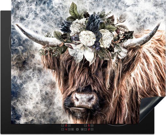 KitchenYeah® Inductie beschermer 65x52 cm - Schotse Hooglander - Bloemen - Zwart