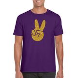 Bellatio Decorations Shoppartners Bv Flower Power t-shirt - paars - gouden glitter peace hand - voor heren - Hippie - Sixties - jaren 60 verkleedkleding - Carnaval L