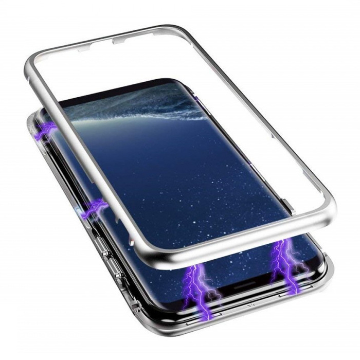 Stuff Certified Samsung Galaxy A8 Plus Magnetisch 360° Hoesje met Tempered Glass - Full Body Cover Hoesje + Screenprotector Zilver