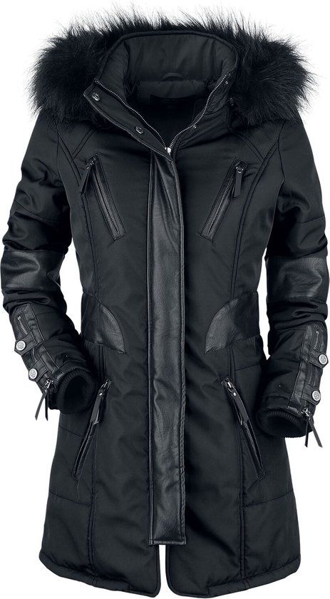 Rock Rebel by EMP Zwarte lange winterjas met imitatieleren details - Dames - M