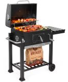 Springos Barbecue à charbon - Sur roues - BBQ - Bac de récupération des cendres - Thermomètre - Plastique - Inox - Noir