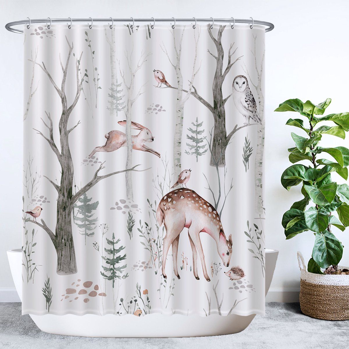 Ulticool Douchegordijn - Uil Vogel Hert Dieren Natuur Aquarel - 180 x 200 cm