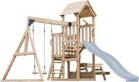 AXI Mette Speeltoestel met Dubbele Schommel Bruin – Pastel Blauwe Glijbaan – Zandbak en Picknicktafel – Telescoop - FSC hout - Speelhuis op palen voor de tuin