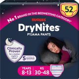 Huggies DryNites nachtluiers voor meisjes, 8-13 (30-48 kg), klinisch getest, met 5 lagen voor maximale nachtbescherming, 4 verpakkingen van 13 stuks, in totaal 52 absorberende broekjes