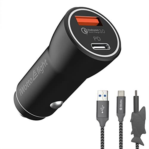 iWotto E light iWotto 18W - USB Autolader met Type-C Kabel - Haai Oplader Set - 2 USB 3.0 Opladen - Sigarettenaansteker en Quick Charge Compatibiliteit voor QI Mobiele Apparaten