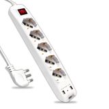 V-TAC 0008715 8715 Stekkerdoos met 1,5 m kabel, 5 stopcontacten, 10/16 A, twee fasen + Shuko en 2 USB-lichtschakelaars, 16 A, wit